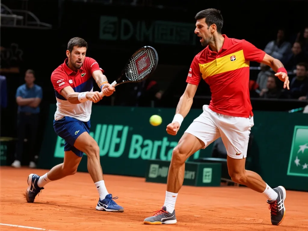 西班牙和塞尔维亚戴维斯杯网球赛激烈对抗